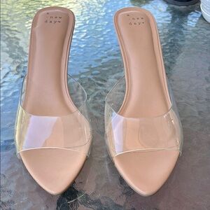 A New Day Tan Mules with Sleek Clear Strap